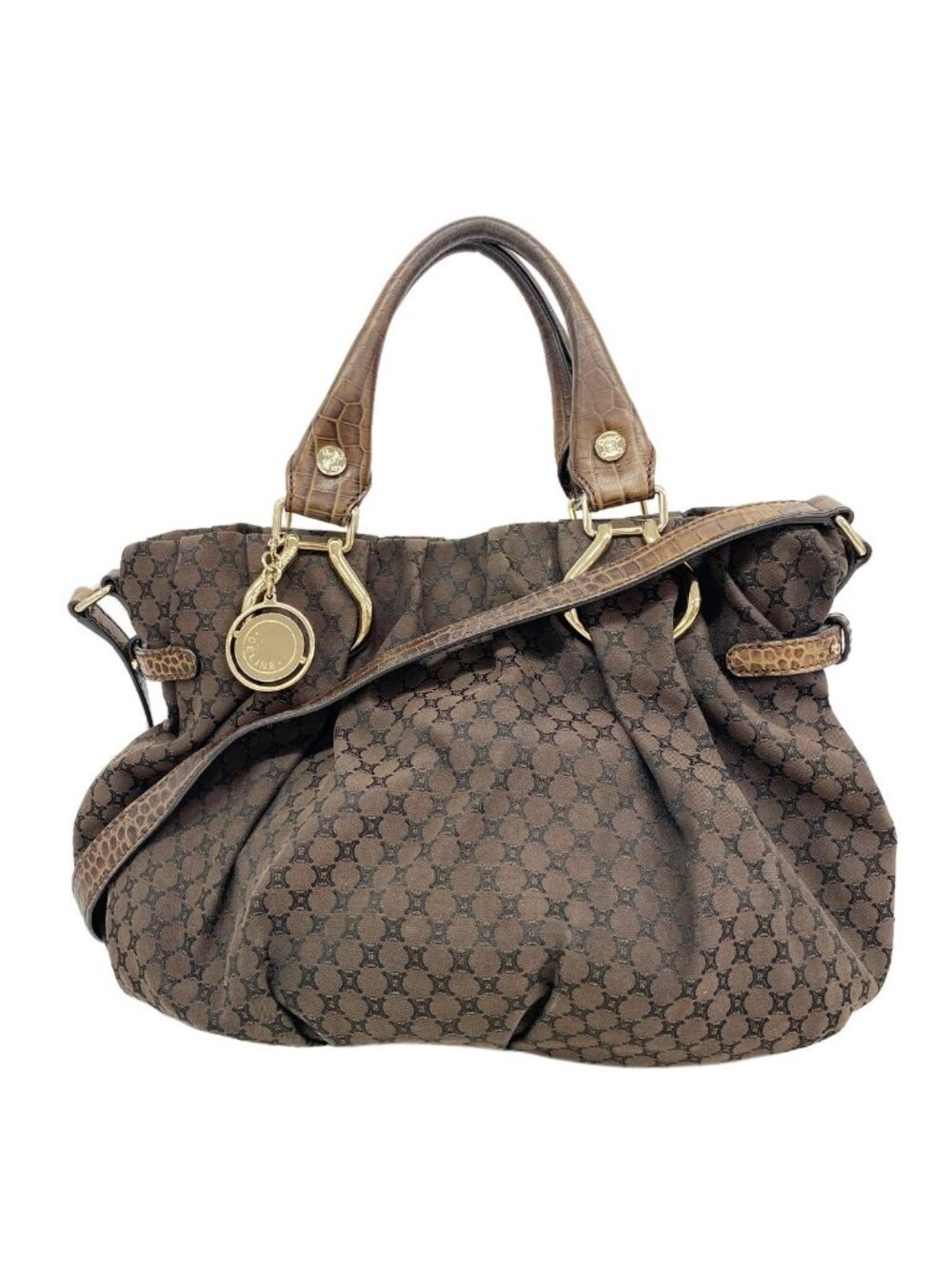 Celine Handbag Macadam Nylon Canvas Brown Champagne Gold 2-Way Bag